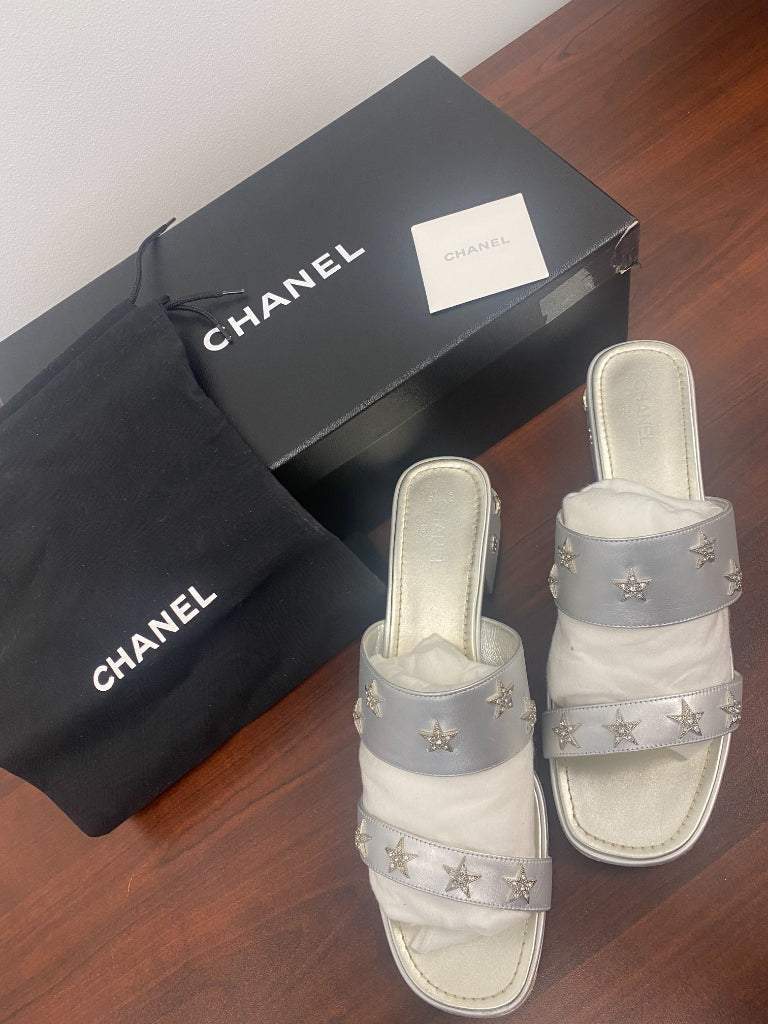 AUTHENTIC Silver Size 41.5 Chanel Mules
