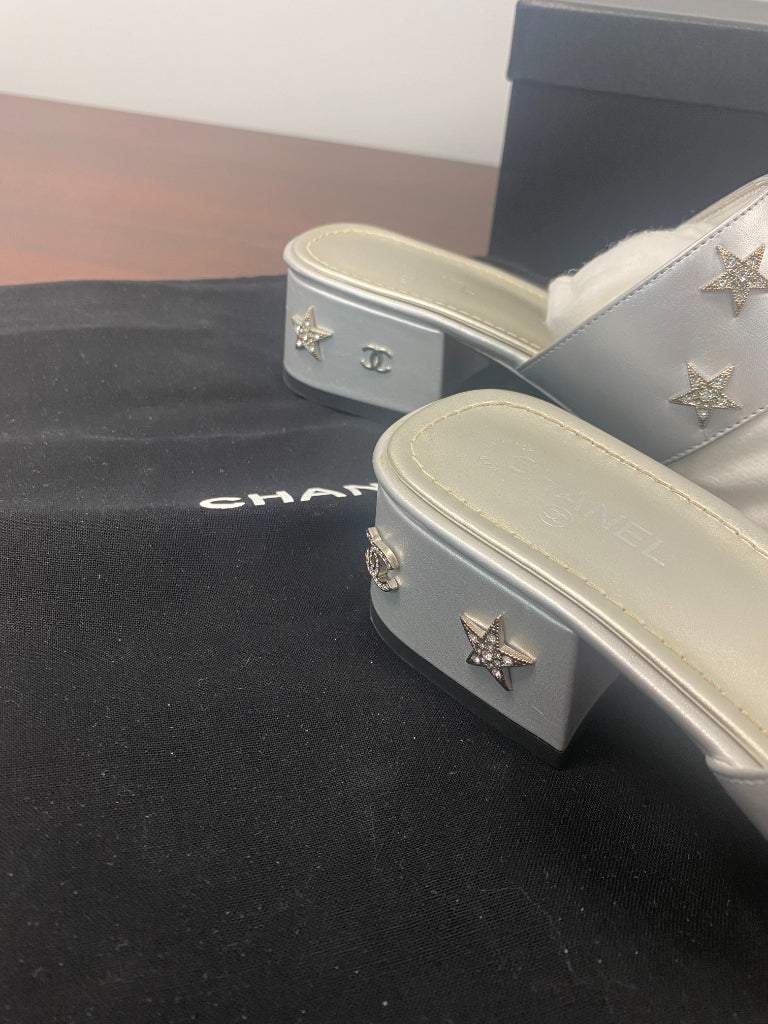 AUTHENTIC Silver Size 41.5 Chanel Mules