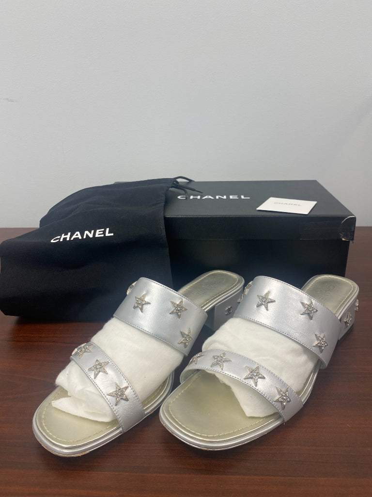 AUTHENTIC Silver Size 41.5 Chanel Mules