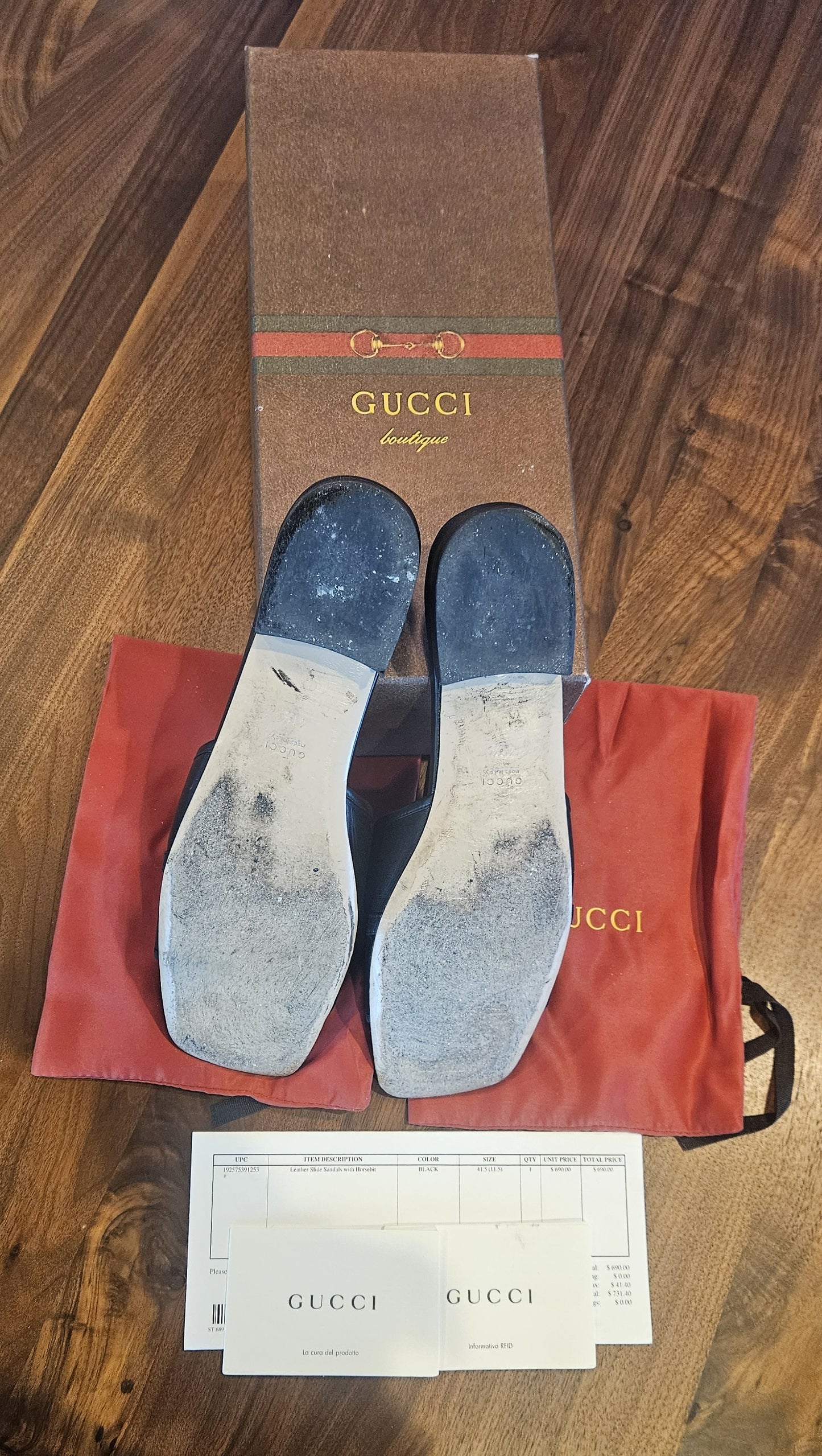 Black Leather Slide Gucci Sandals with Signature Gold Horsebit Hardware EU 41.5/ US 11.