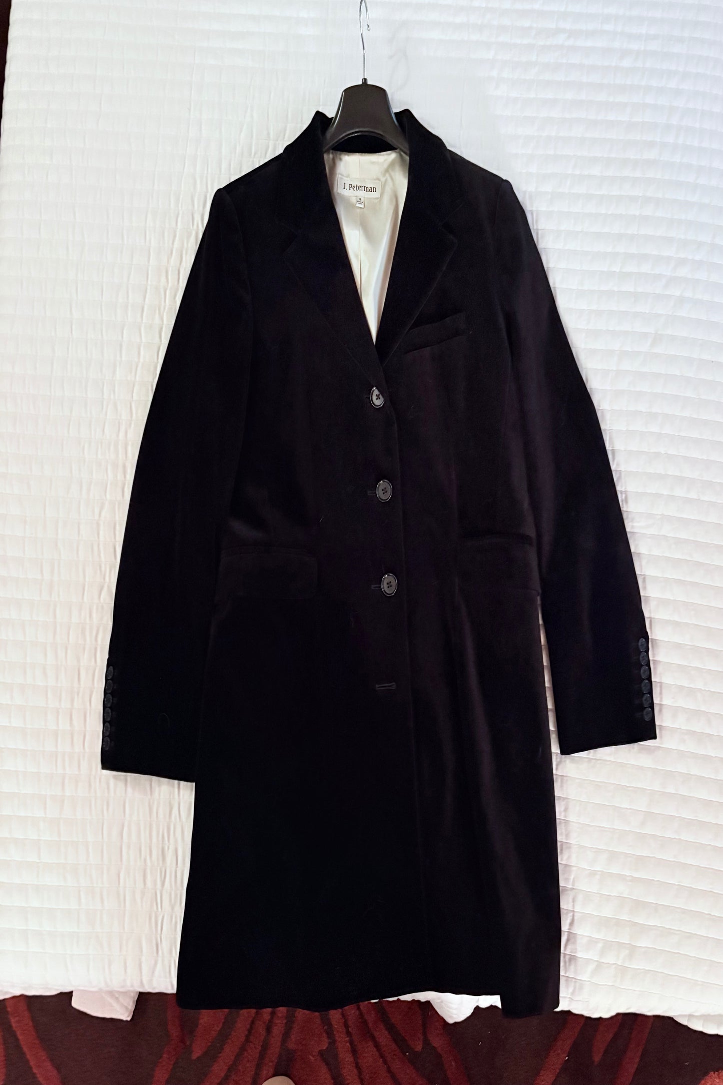 J. Peterman Black Velvet Thigh Length Jacket Size 18