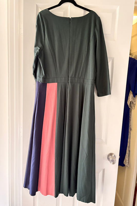 Boden Forest Green Midi Dress with Pink & Blue Side Stripes Size 16