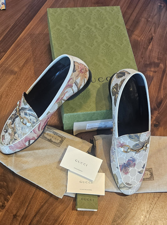 Gucci Leather Jordaan Multicolor 'Floral Print Gold Horsebit' Loafers EU 42/US 10.5