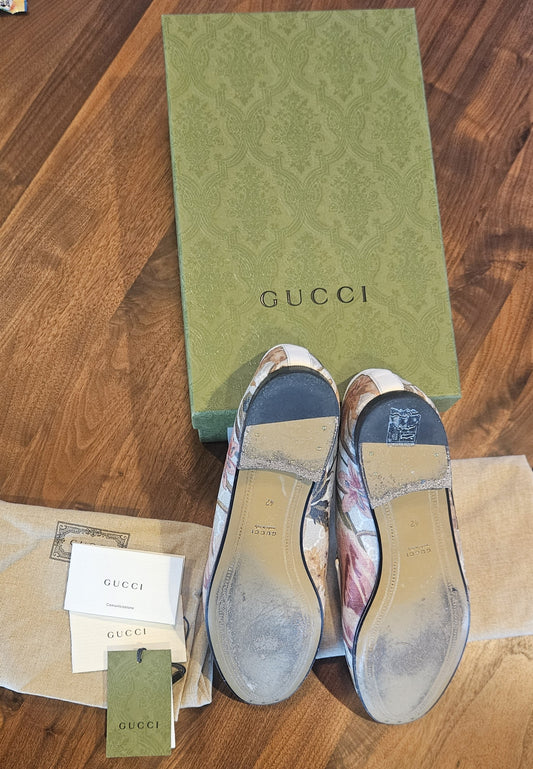 Gucci Leather Jordaan Multicolor 'Floral Print Gold Horsebit' Loafers EU 42/US 10.5