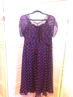 J. Peterman 100% Silk Blue Dress with Hot Pink Polka Dots, Size 18