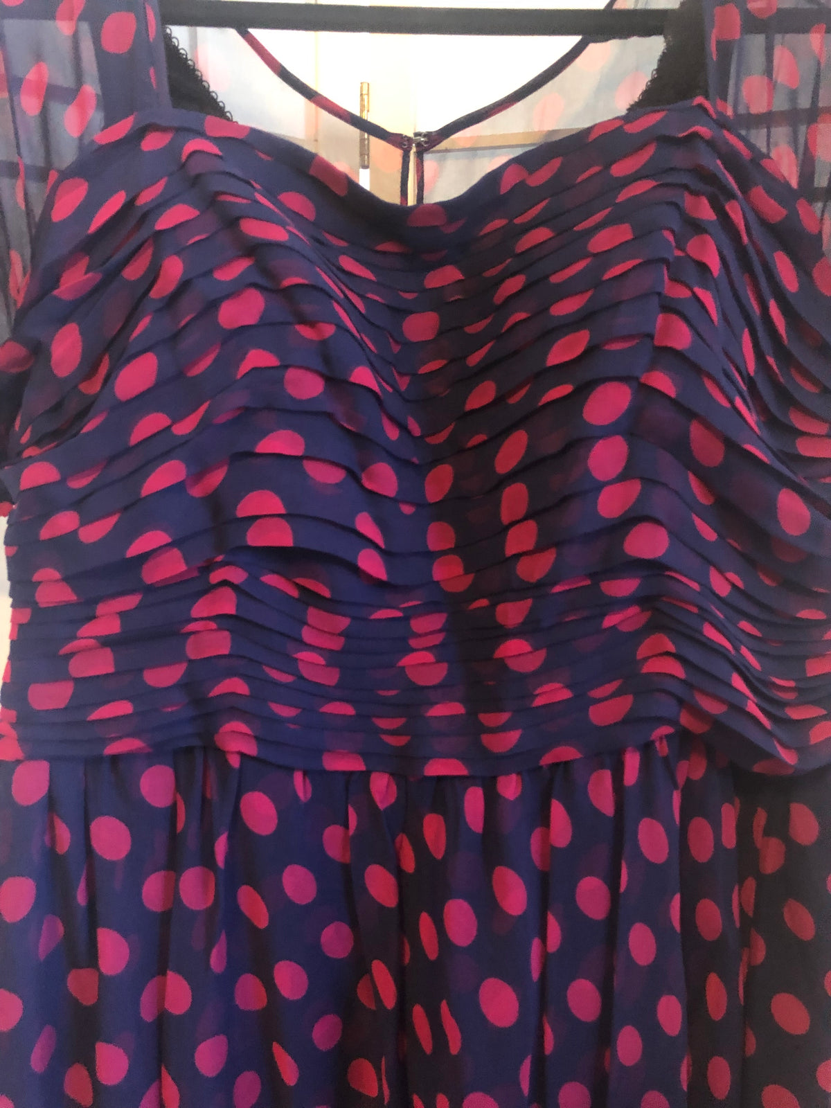J. Peterman 100% Silk Blue Dress with Hot Pink Polka Dots, Size 18