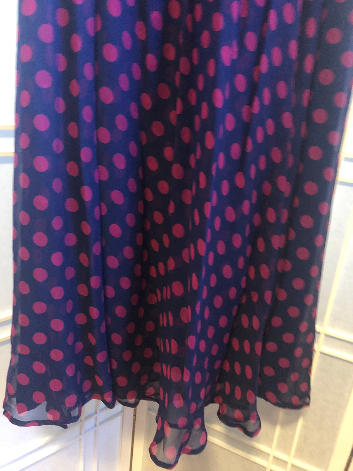 J. Peterman 100% Silk Blue Dress with Hot Pink Polka Dots, Size 18