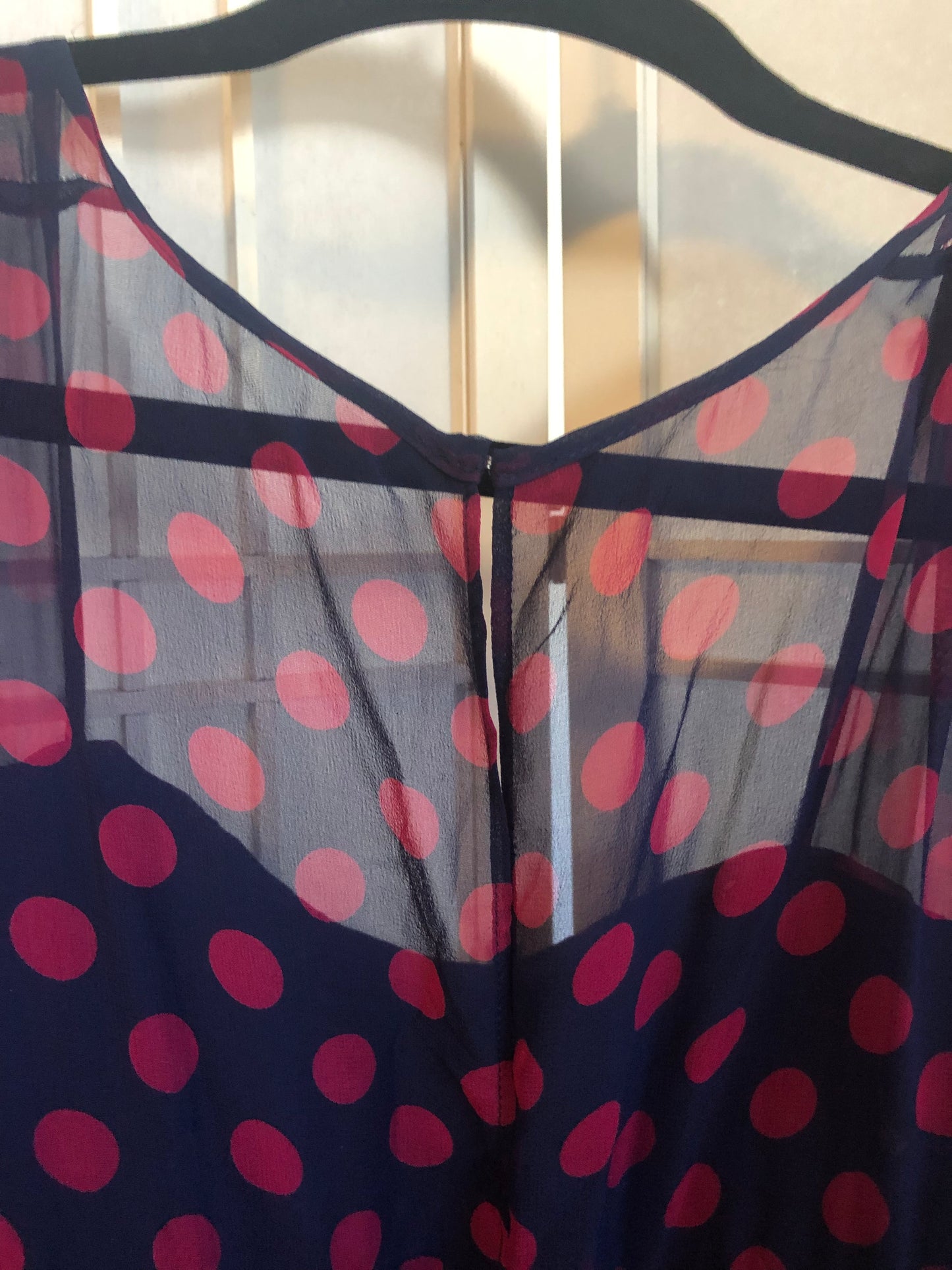 J. Peterman 100% Silk Blue Dress with Hot Pink Polka Dots, Size 18