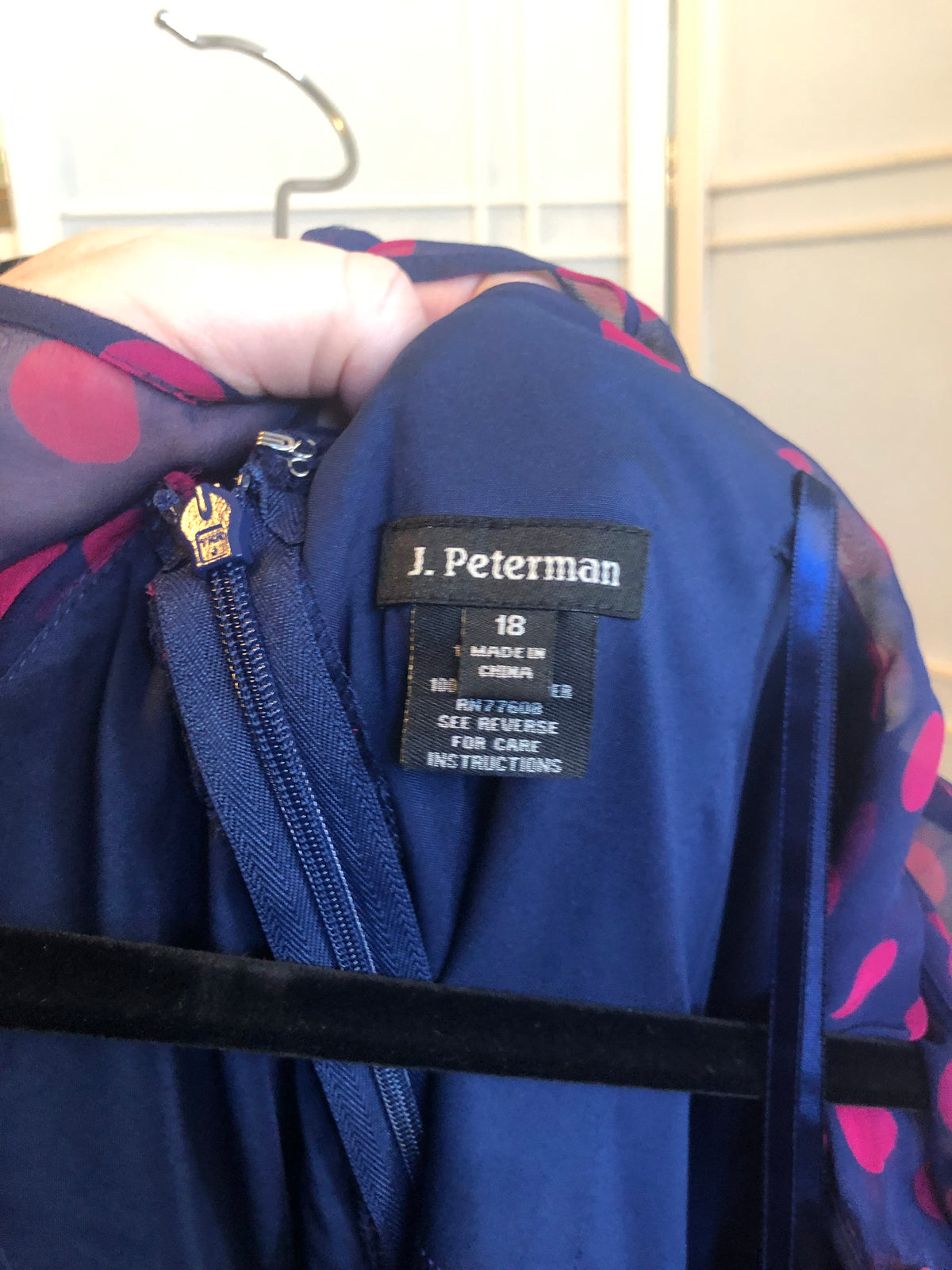 J. Peterman 100% Silk Blue Dress with Hot Pink Polka Dots, Size 18