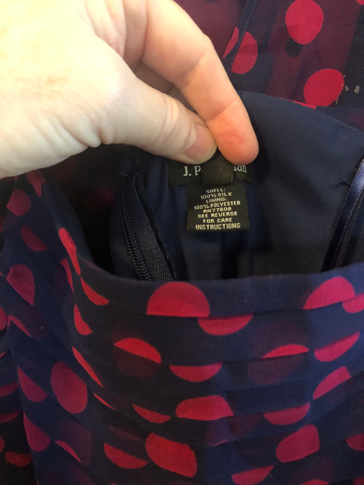 J. Peterman 100% Silk Blue Dress with Hot Pink Polka Dots, Size 18