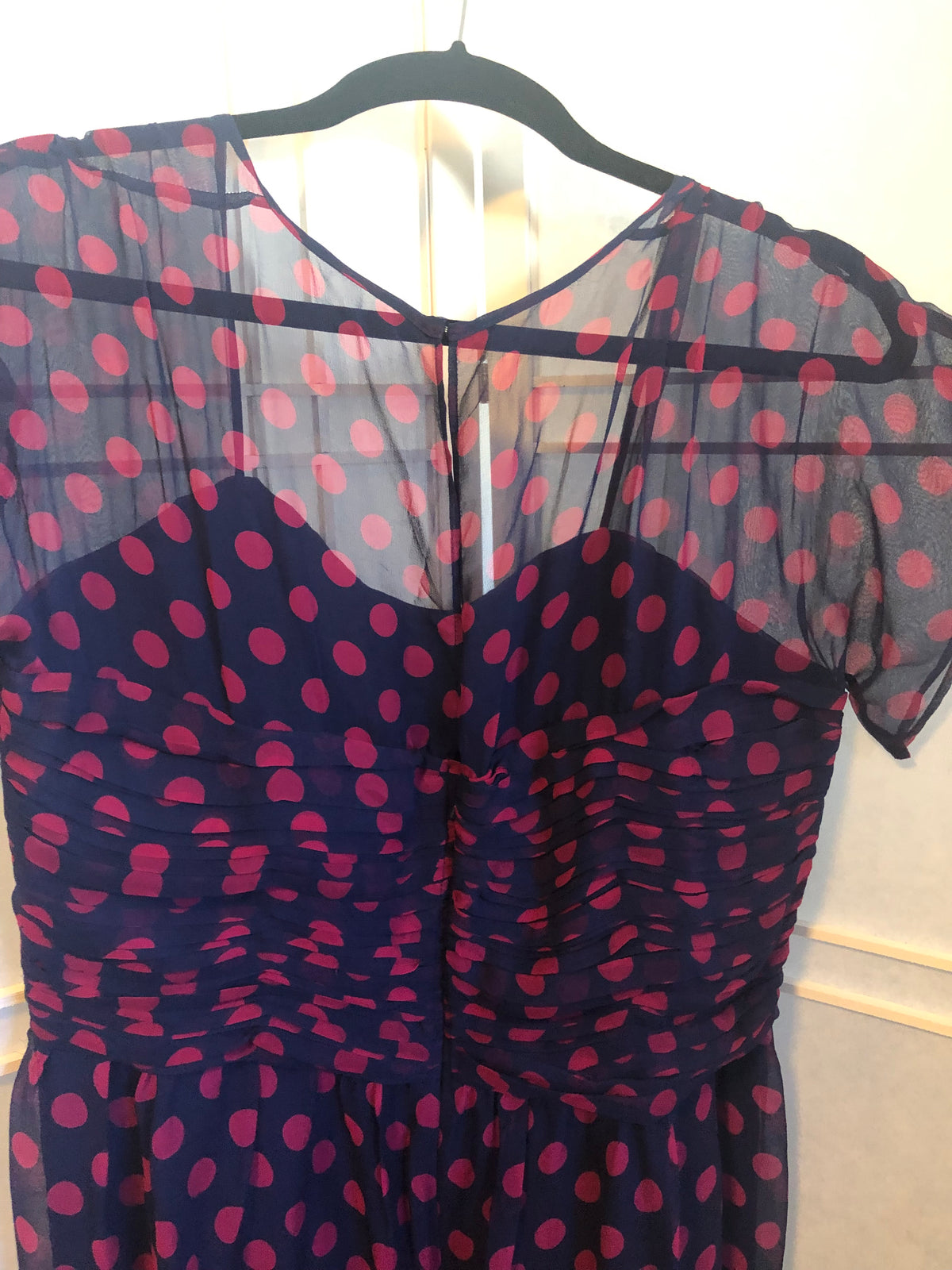 J. Peterman 100% Silk Blue Dress with Hot Pink Polka Dots, Size 18
