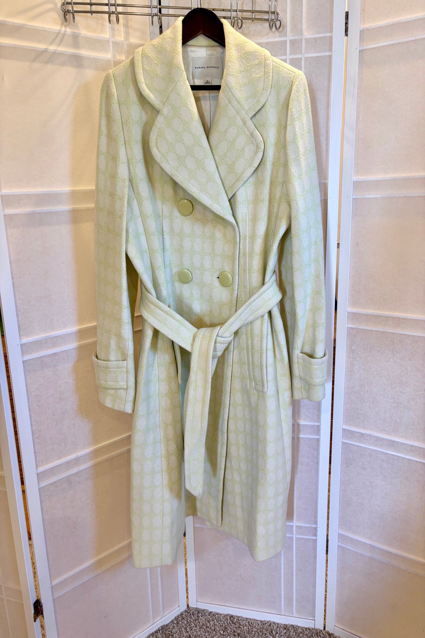Banana Republic Light Green Coat with White Polka Dots, Size XL