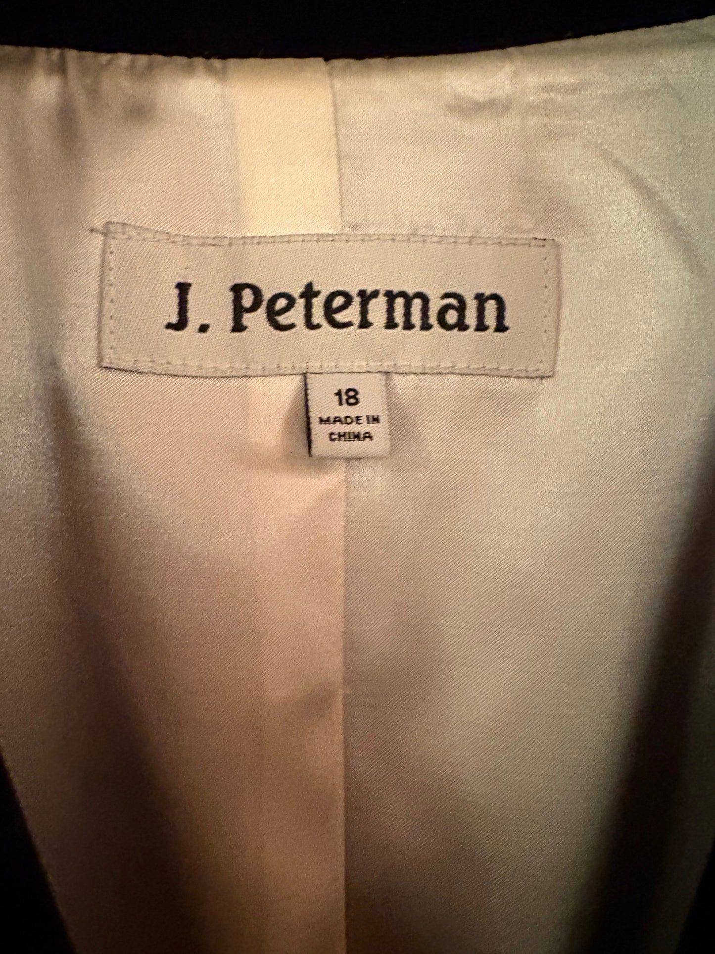 J. Peterman Black Velvet Thigh Length Jacket Size 18
