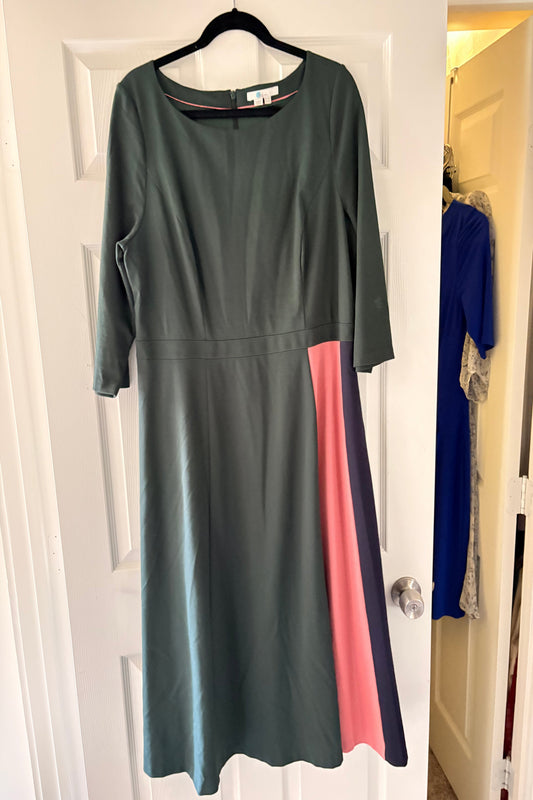 Boden Forest Green Midi Dress with Pink & Blue Side Stripes Size 16