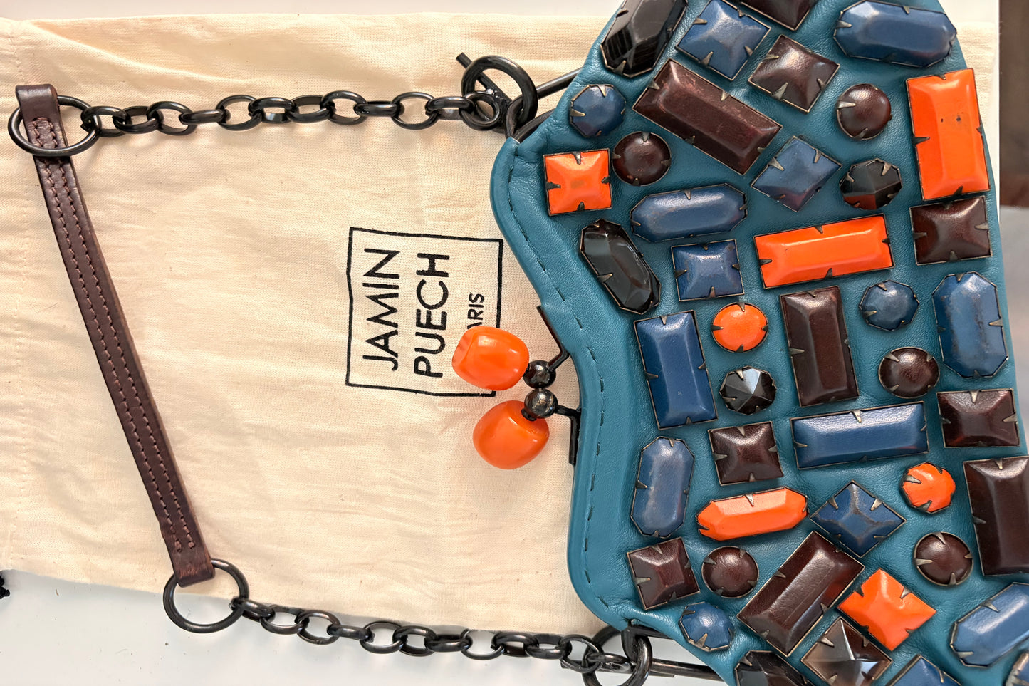 Jamin Puech Handbag with Carnelian Gemstone Clasp & Amazing Details