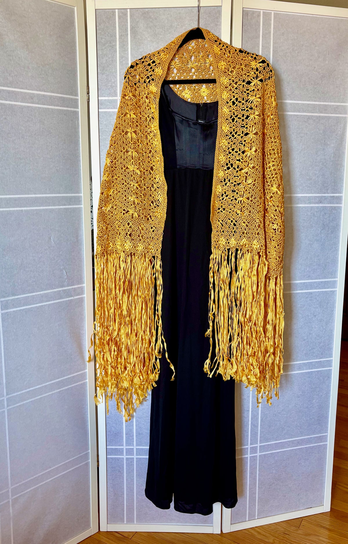 Vintage 1970's Gold Shawl with Long Fringe, Hand Woven from Colombia