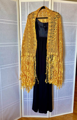 Vintage 1970's Gold Shawl with Long Fringe, Hand Woven from Colombia
