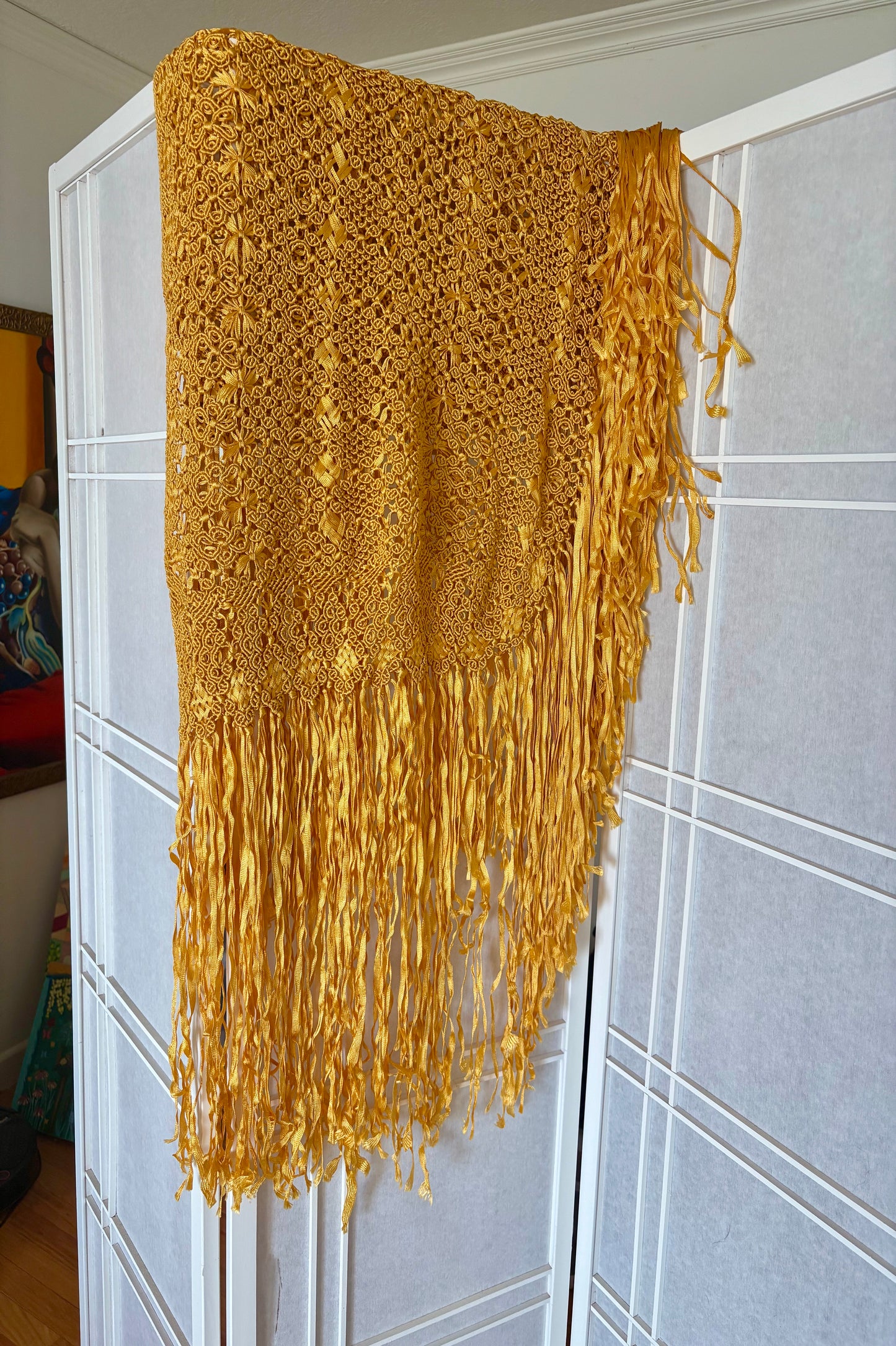 Vintage 1970's Gold Shawl with Long Fringe, Hand Woven from Colombia