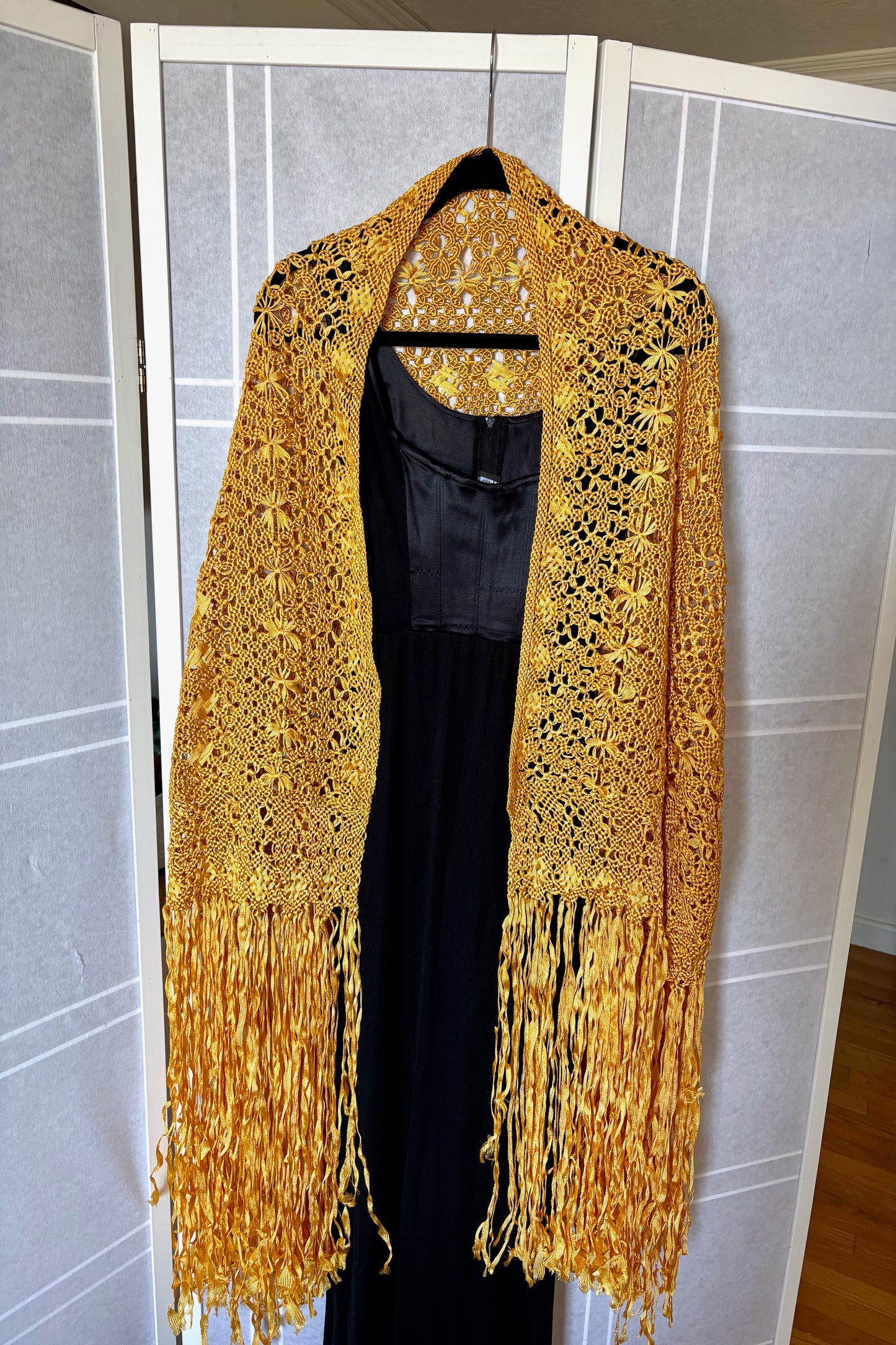 Vintage 1970's Gold Shawl with Long Fringe, Hand Woven from Colombia