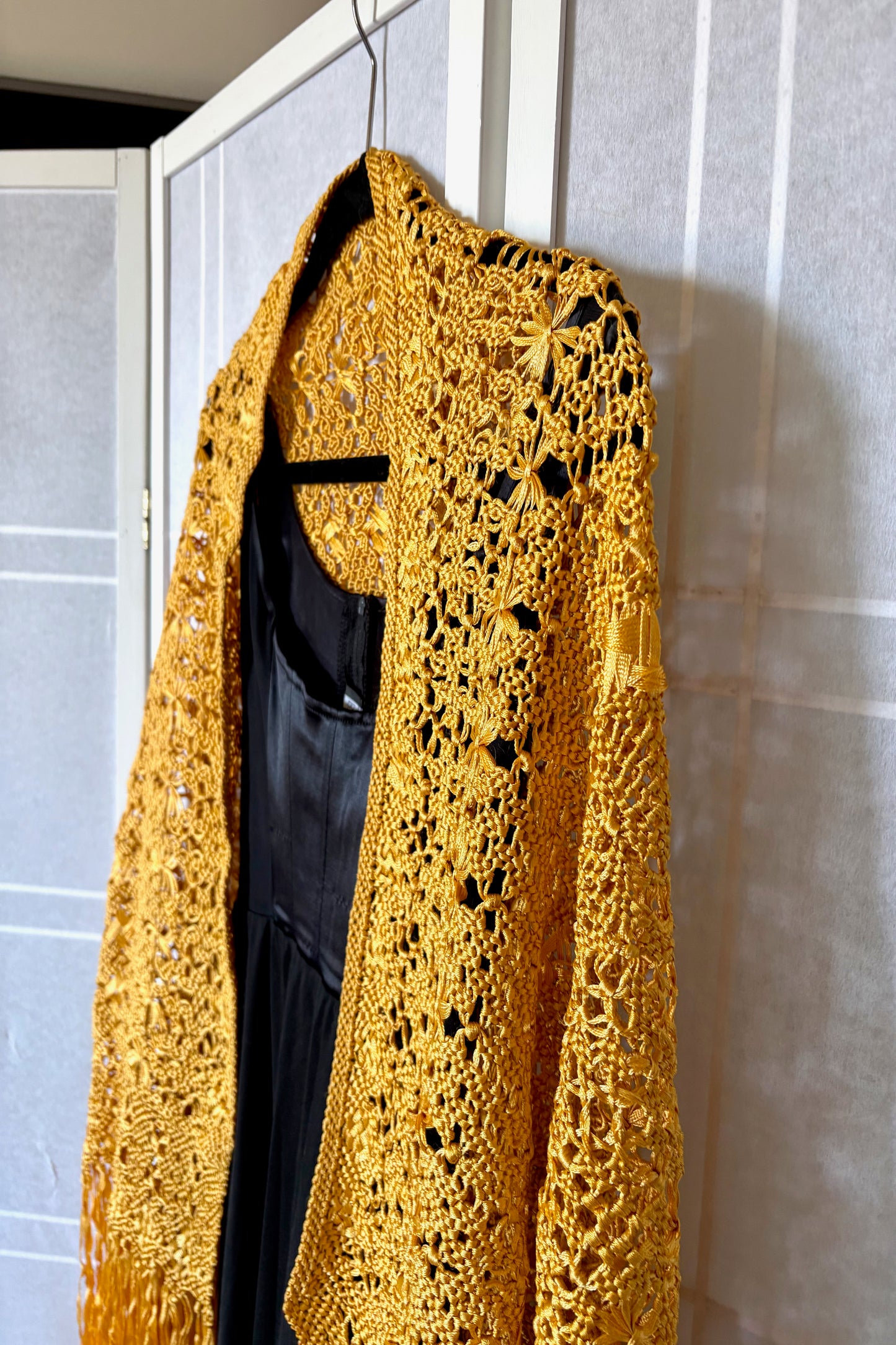 Vintage 1970's Gold Shawl with Long Fringe, Hand Woven from Colombia
