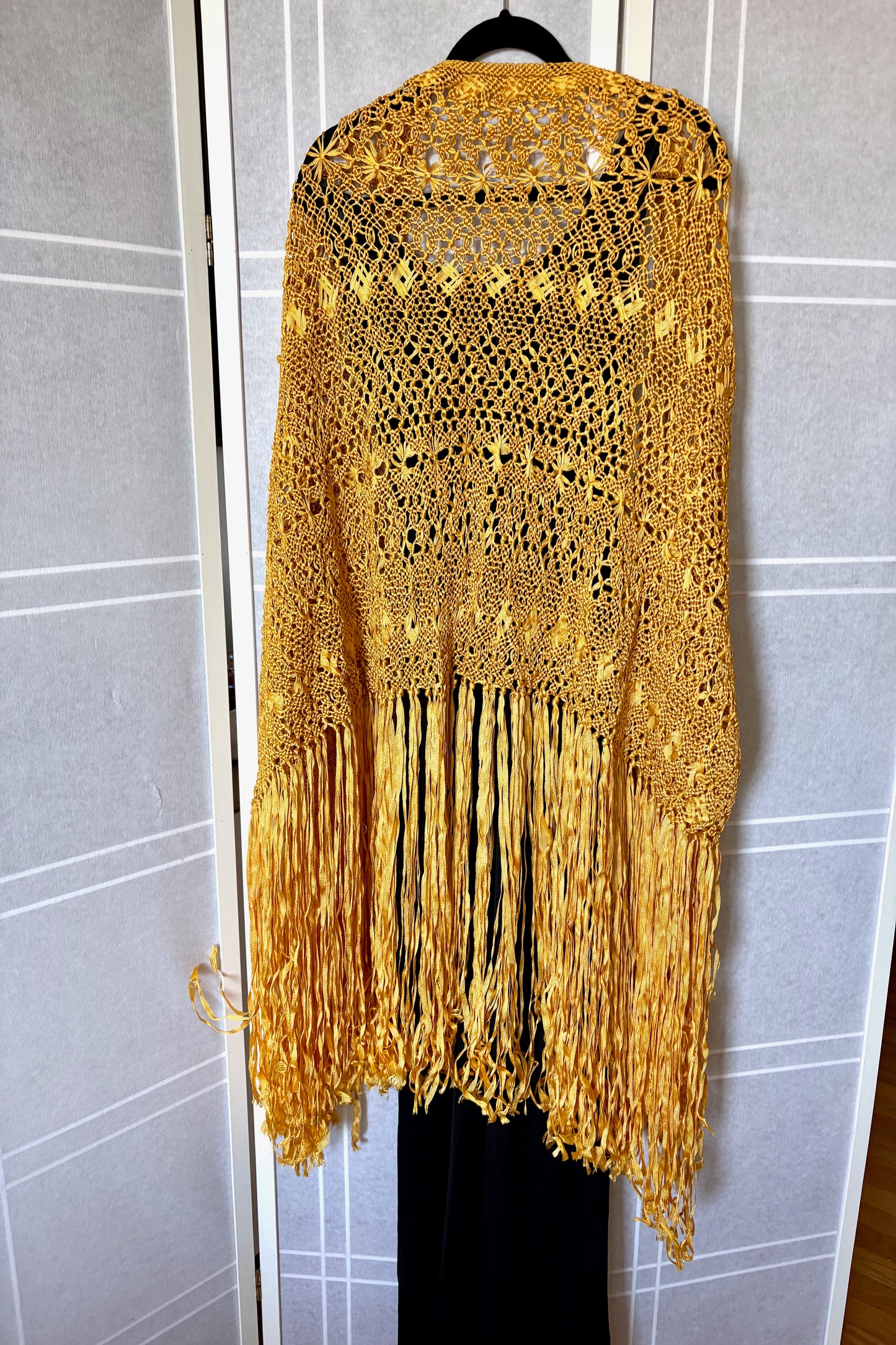 Vintage 1970's Gold Shawl with Long Fringe, Hand Woven from Colombia