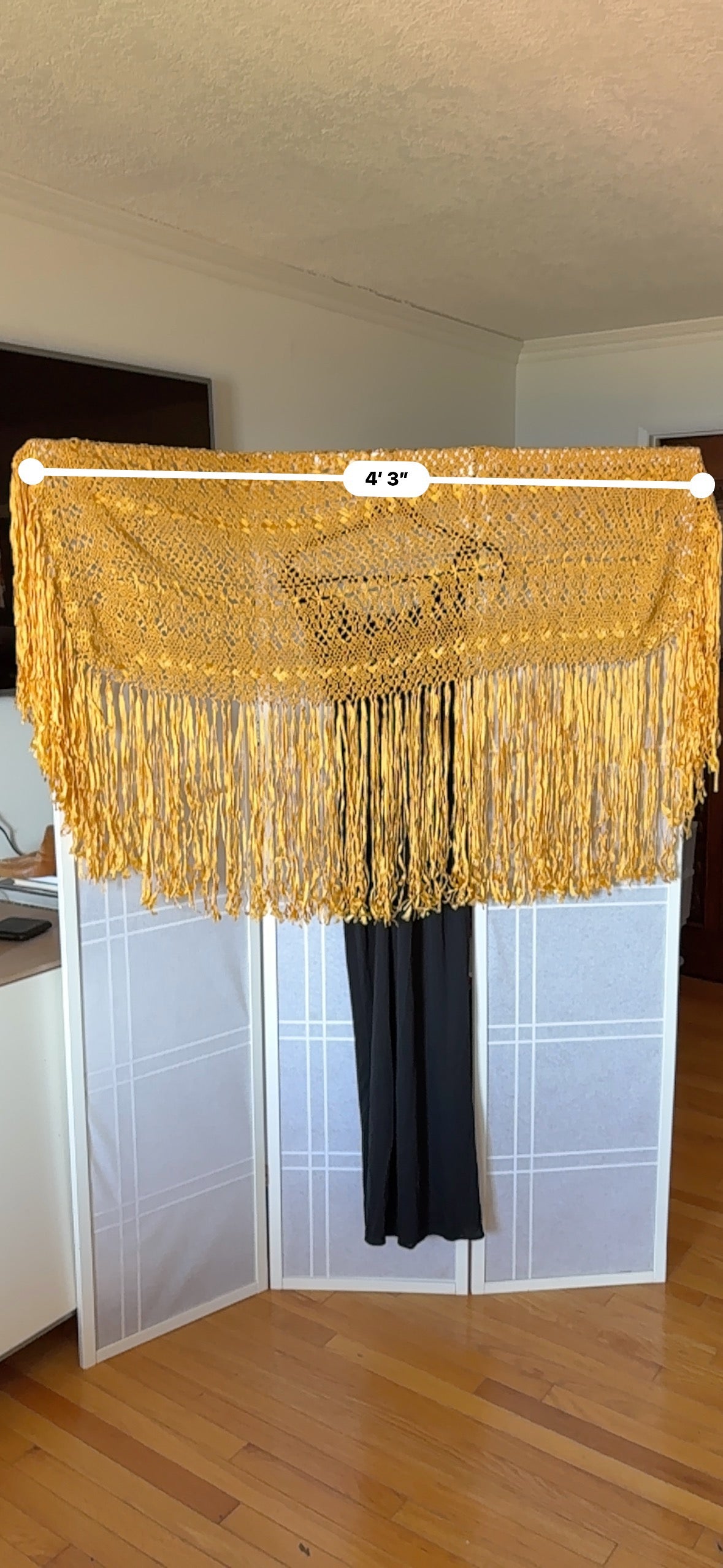 Vintage 1970's Gold Shawl with Long Fringe, Hand Woven from Colombia
