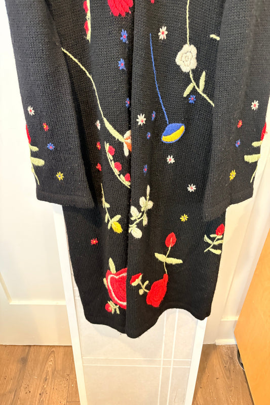 Vintage Y2K Sleeping on Snow Long Black Knit Cardigan with Floral Embroidery Size L