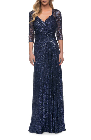 La Femme Navy Blue Sequined V-Neck Evening Gown with 3/4 Sleeves Size 16
