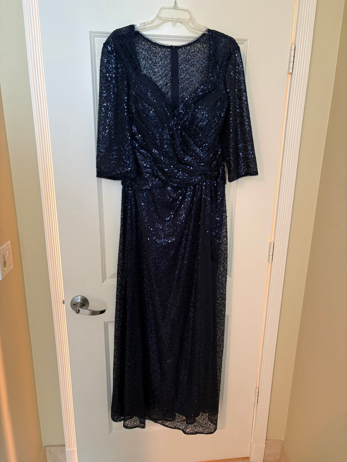 La Femme Navy Blue Sequined V-Neck Evening Gown with 3/4 Sleeves Size 16