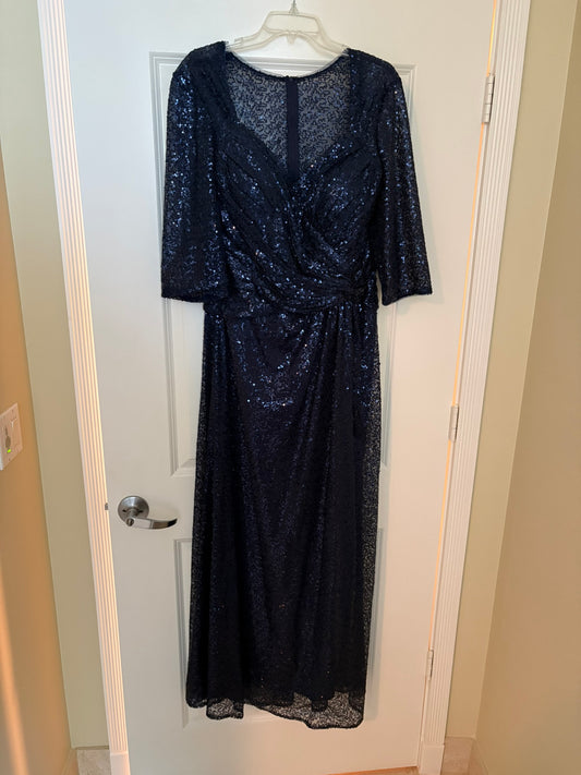 La Femme Navy Blue Sequined V-Neck Evening Gown with 3/4 Sleeves Size 16