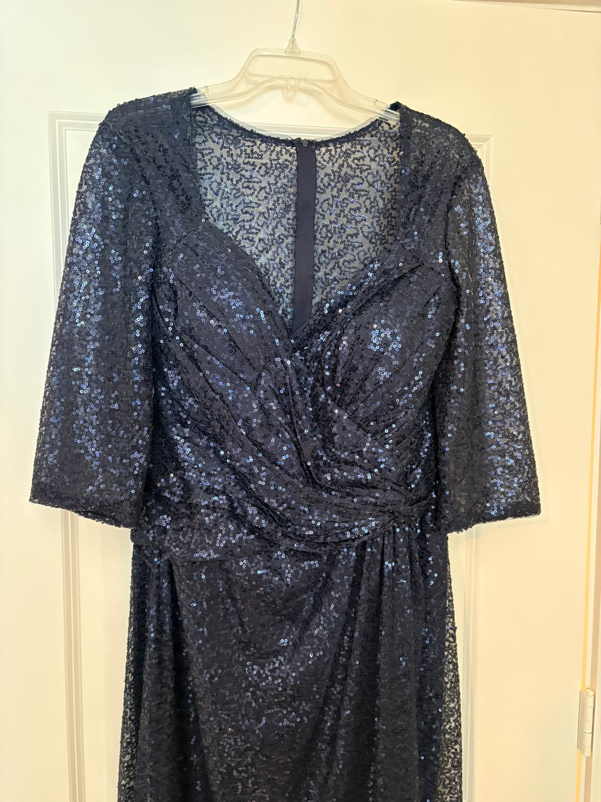 La Femme Navy Blue Sequined V-Neck Evening Gown with 3/4 Sleeves Size 16