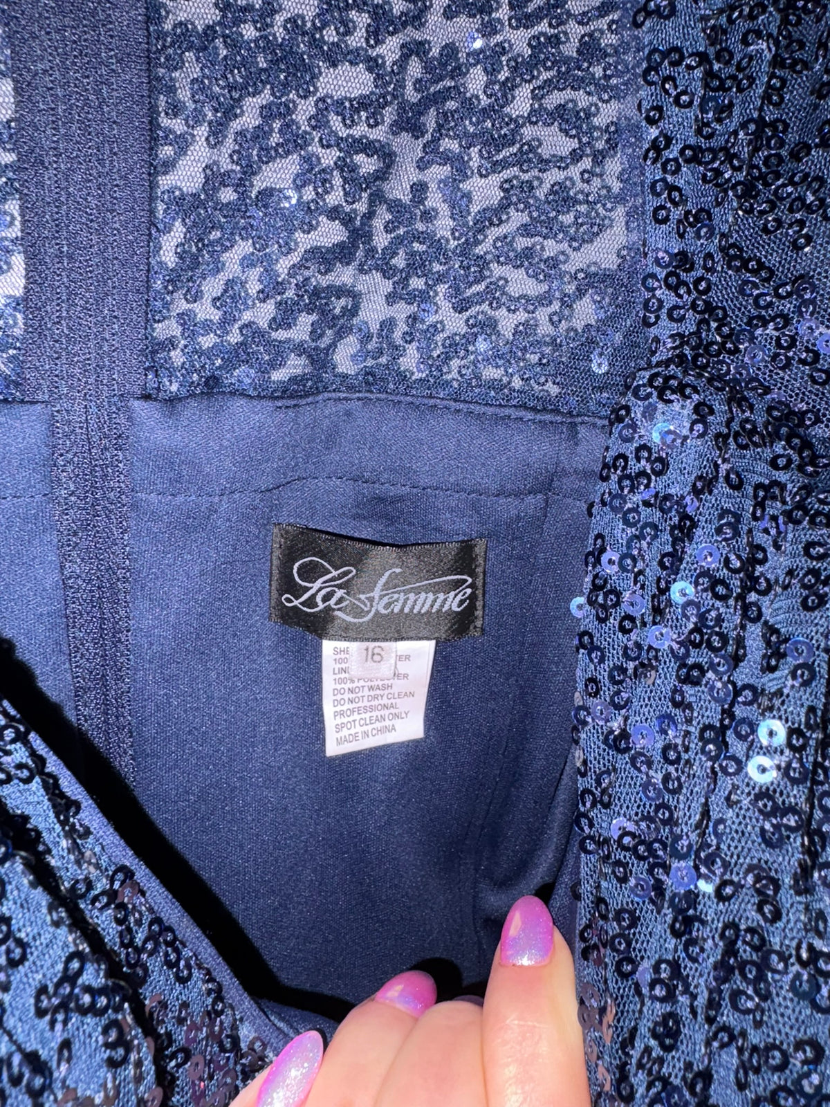 La Femme Navy Blue Sequined V-Neck Evening Gown with 3/4 Sleeves Size 16