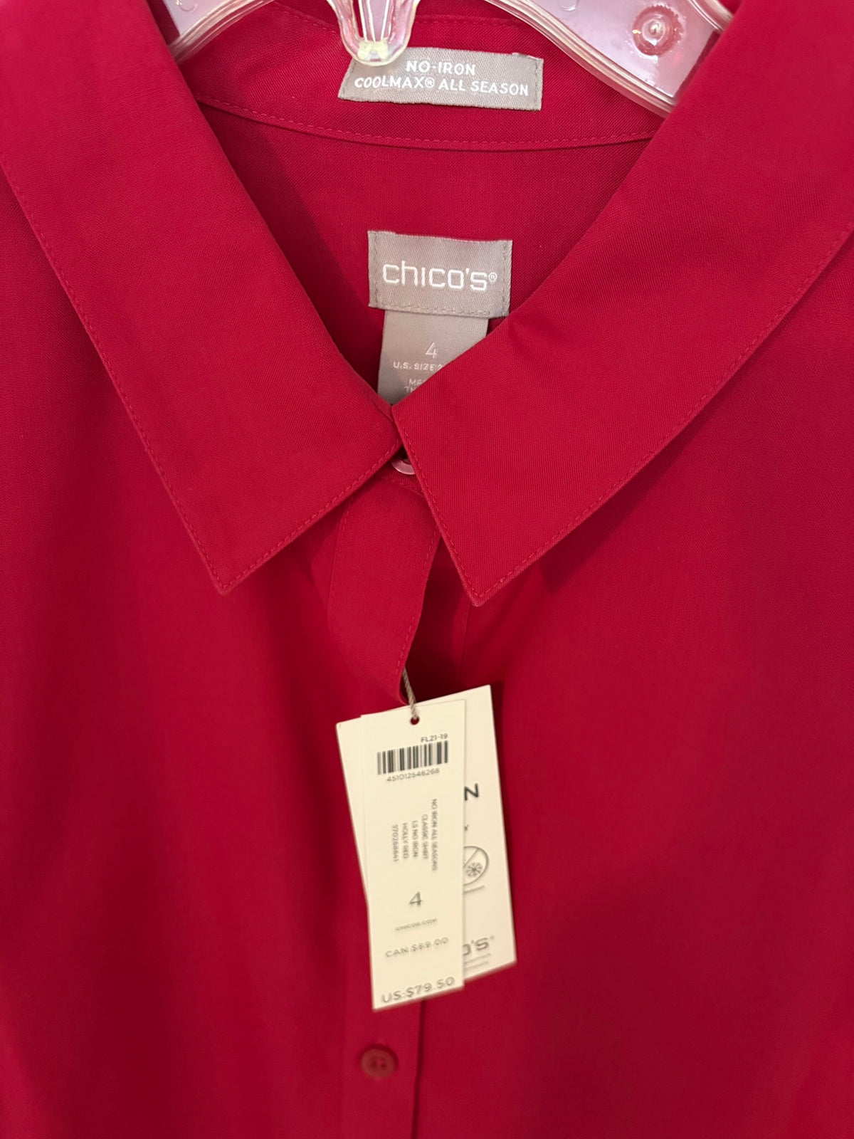 Chico's Holly Red No-Iron CoolMax All Season Button-Up Shirt Size 4 (US XXL/22)