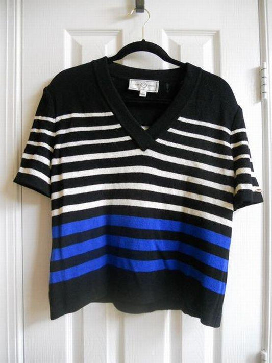 St. John Size Large Blue/Black and White Striped Wool Blend Top
