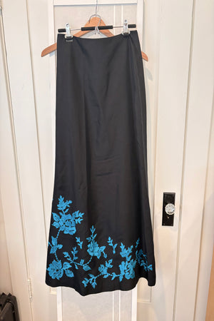INC International Concepts Maxi Black Skirt with Turquoise Embroidered Flowers