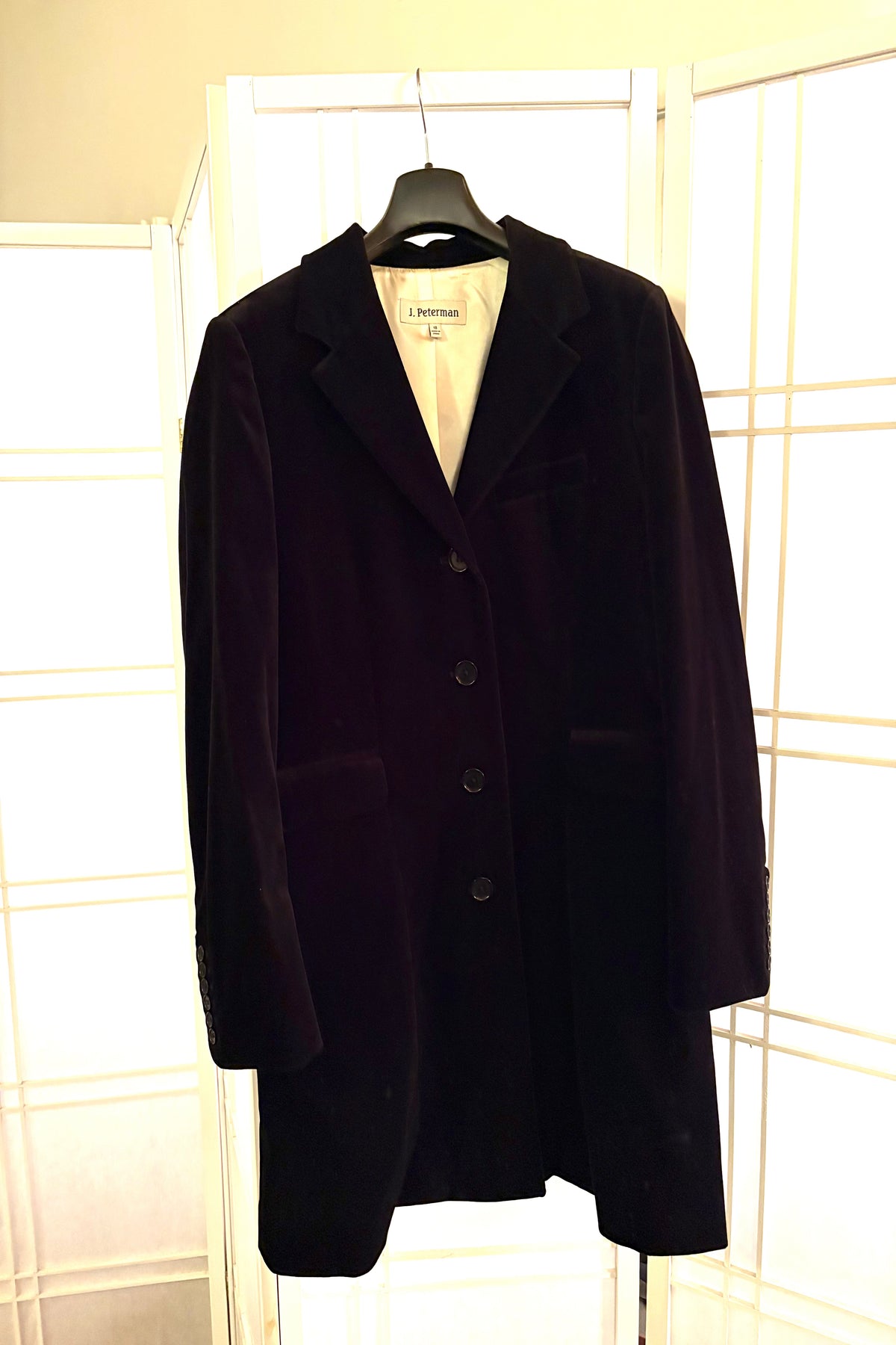 J. Peterman Black Velvet Thigh Length Jacket Size 18