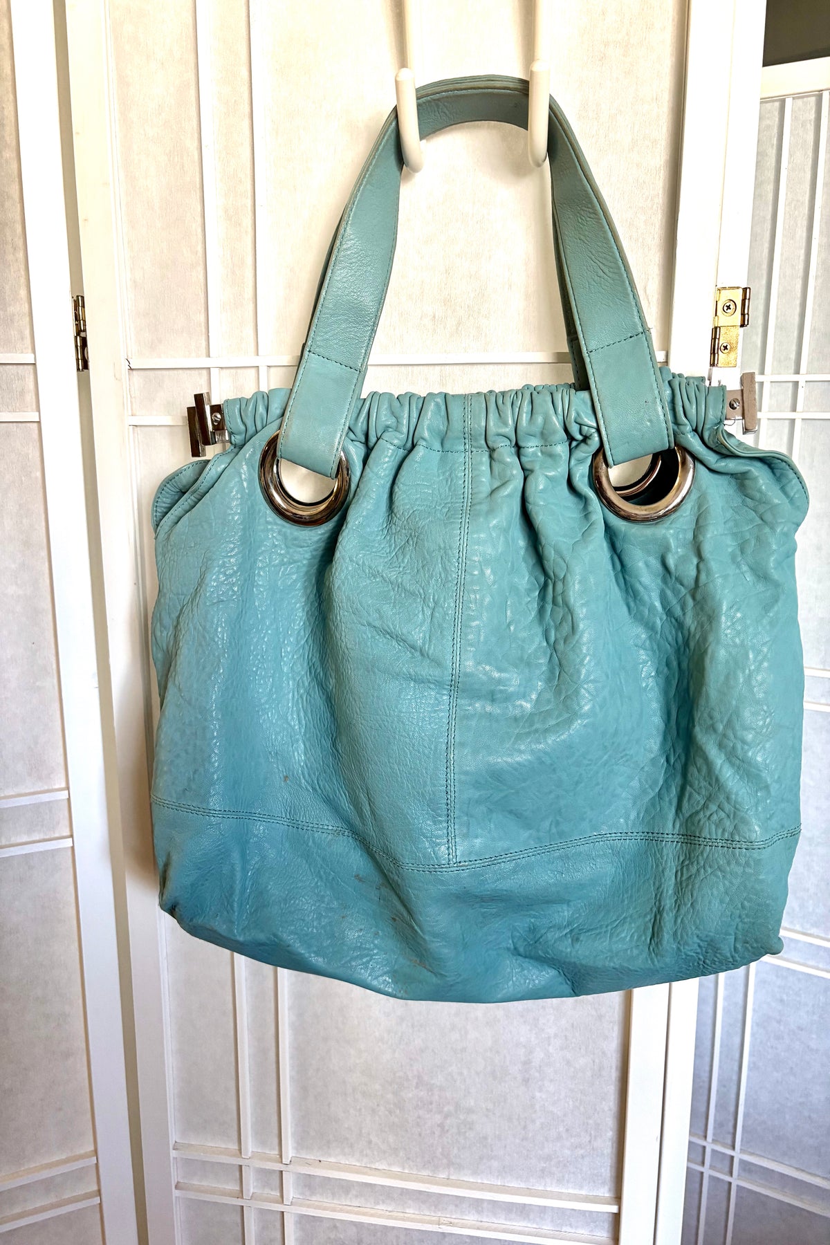 Perrin Paris Large Leather Tote Bag with Metal Accents