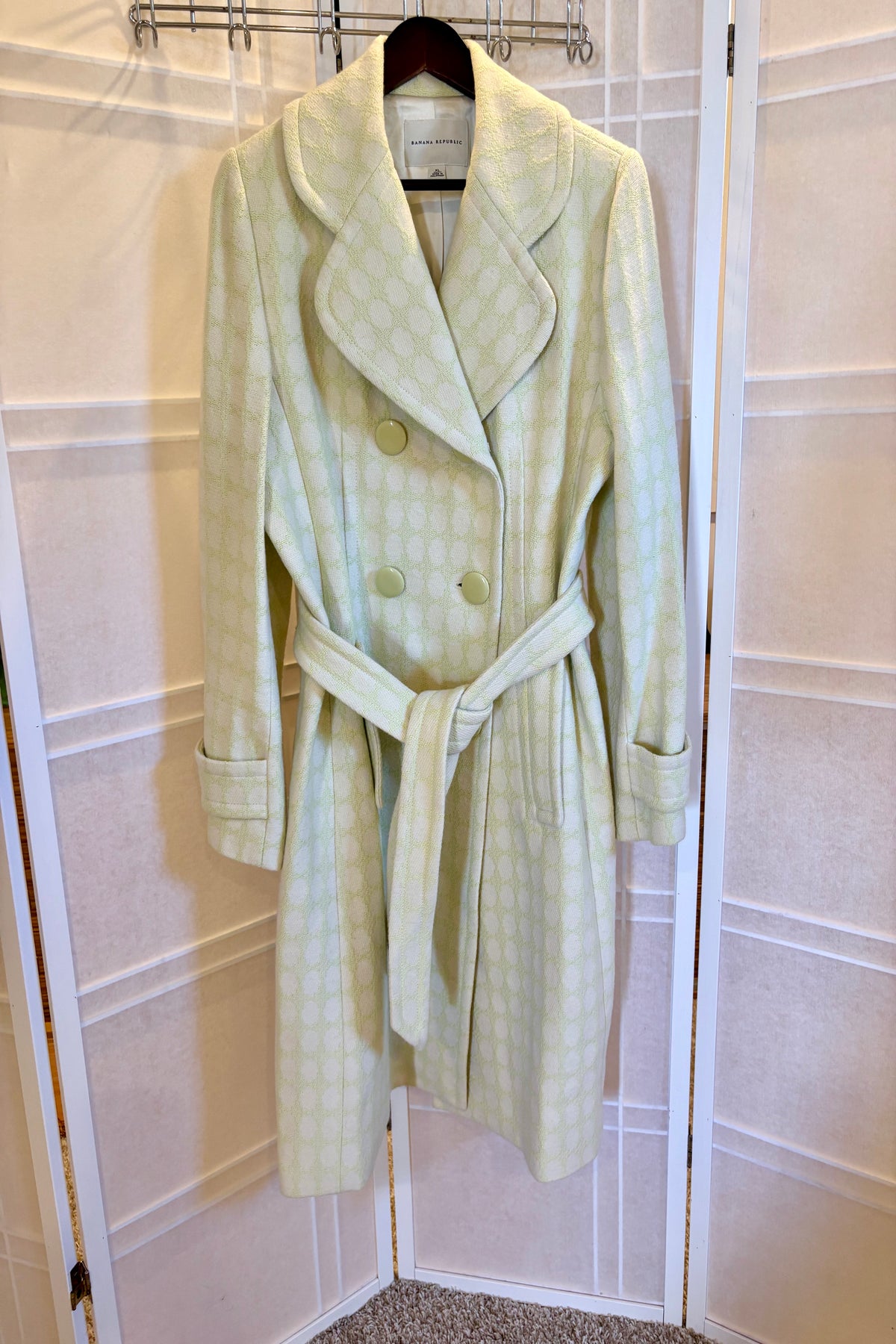 Banana Republic Light Green Coat with White Polka Dots, Size XL