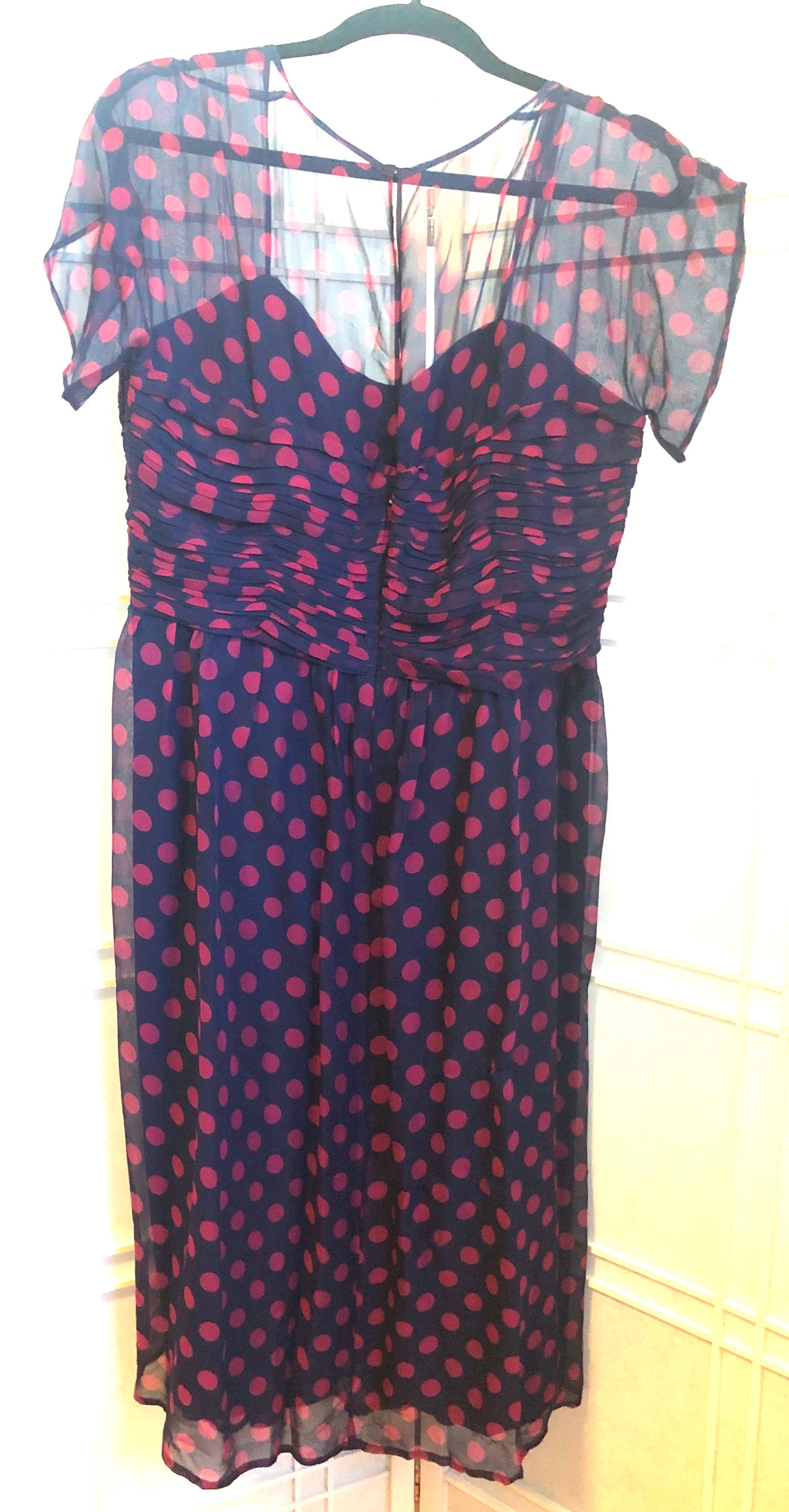 J. Peterman 100% Silk Blue Dress with Hot Pink Polka Dots, Size 18